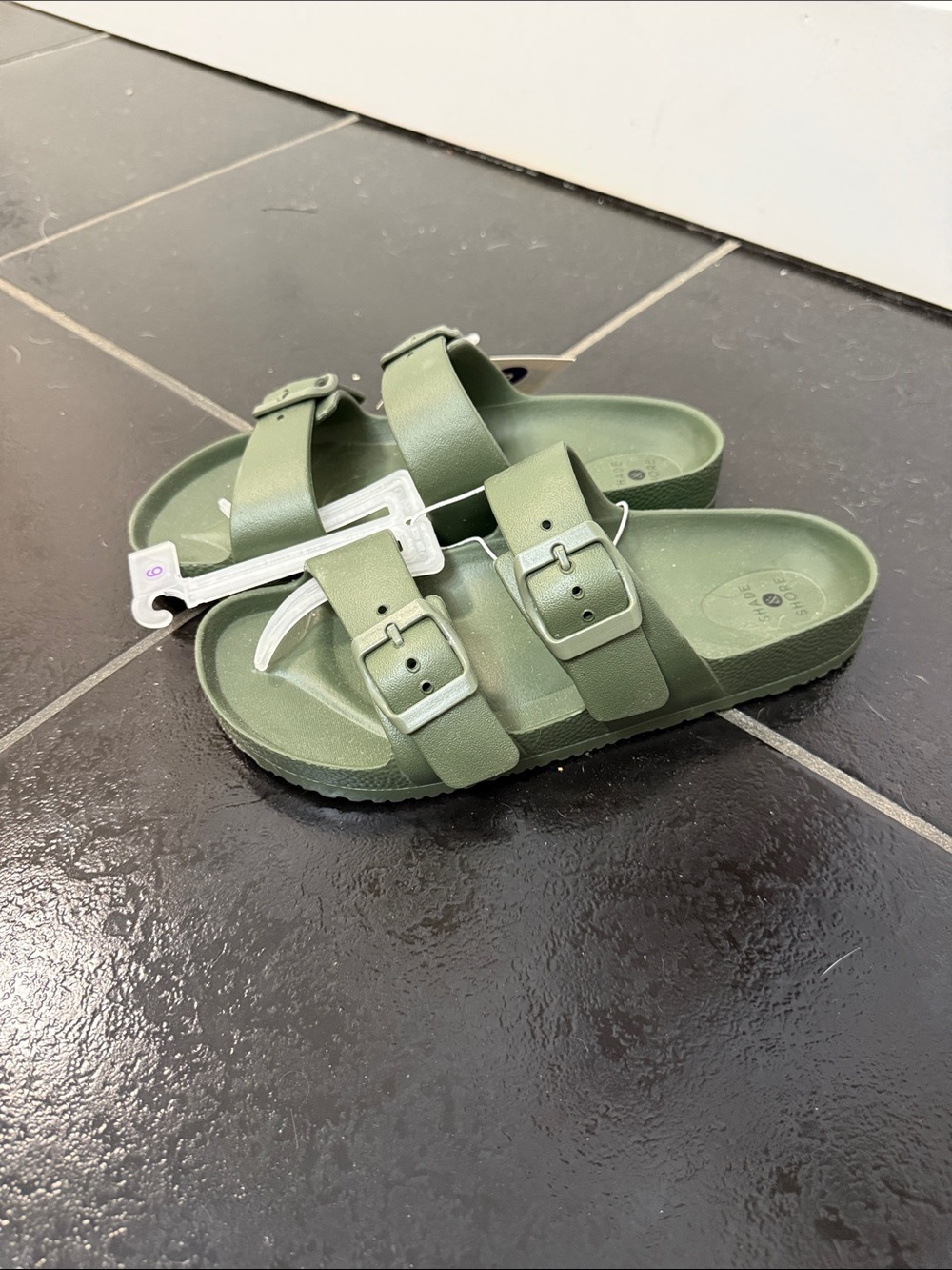 Double-Buckle Slide Sandals in Olive Green - Picture 2 of 4
